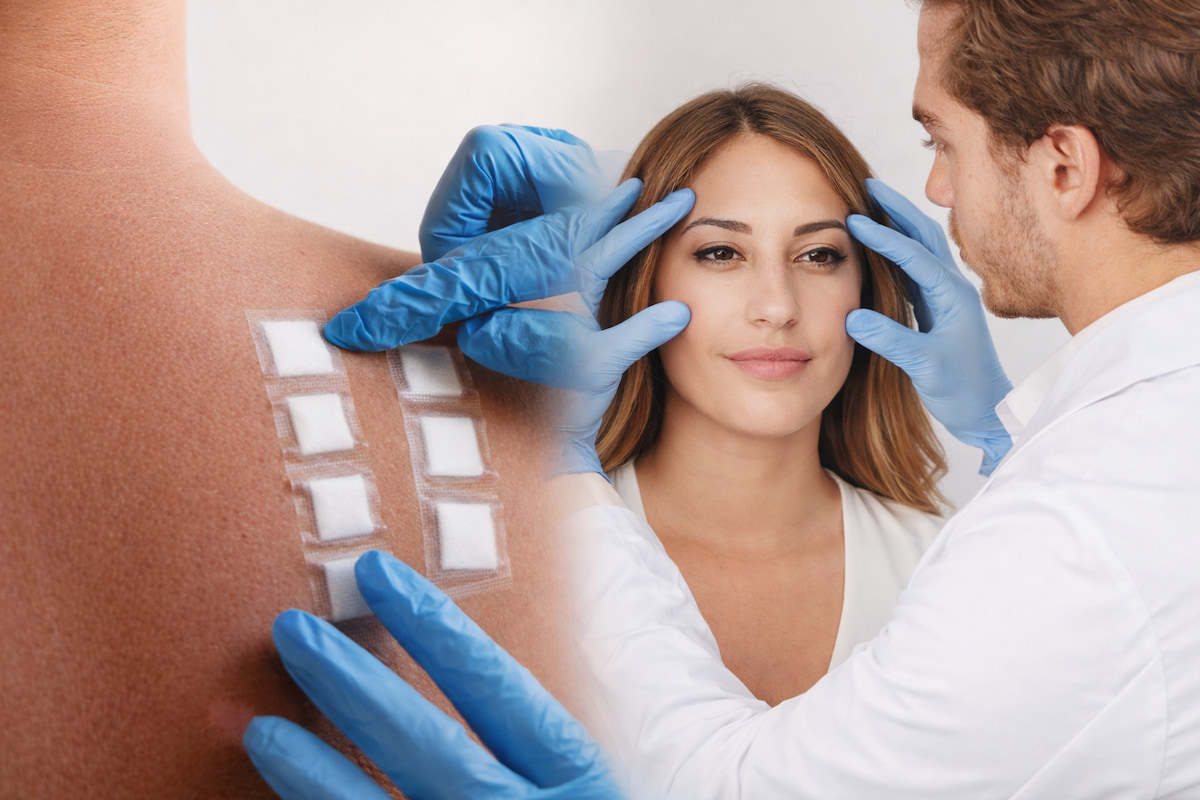 Dermatologist performing a skin patch test on a participant's back alongside a facial skin examination.