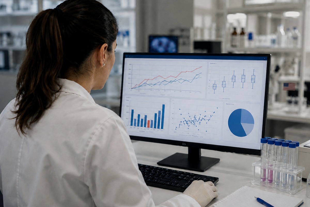 Scientist reviewing safety data on screen representing US MoCRA safety substantiation record-keeping