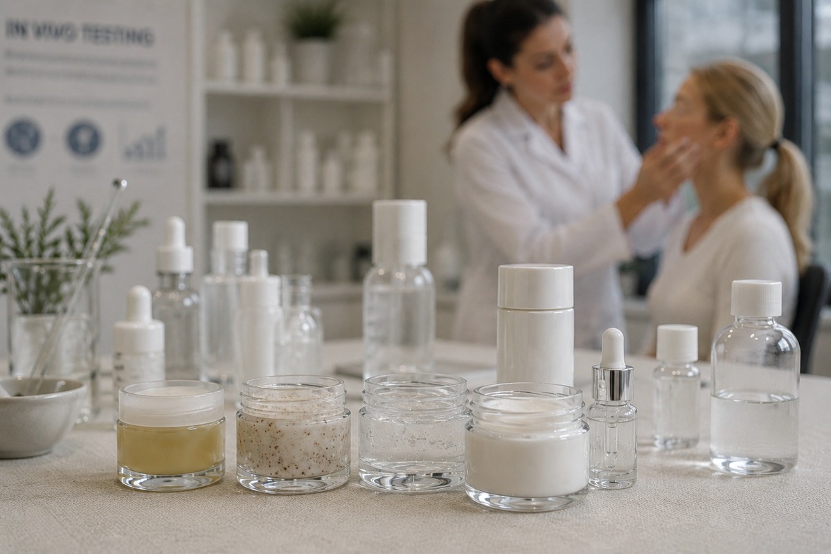 Cosmetic product samples on a laboratory counter with an in vivo testing consultation in the background