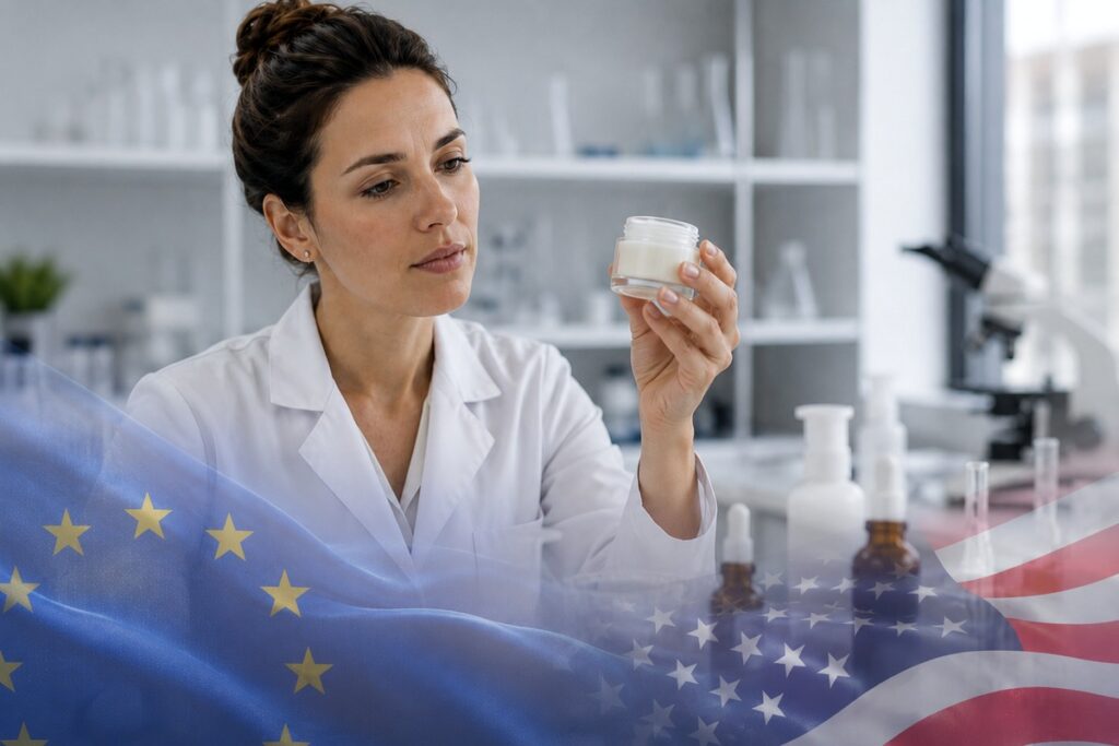 Scientist reviewing safety data on screen representing US MoCRA safety substantiation record-keeping