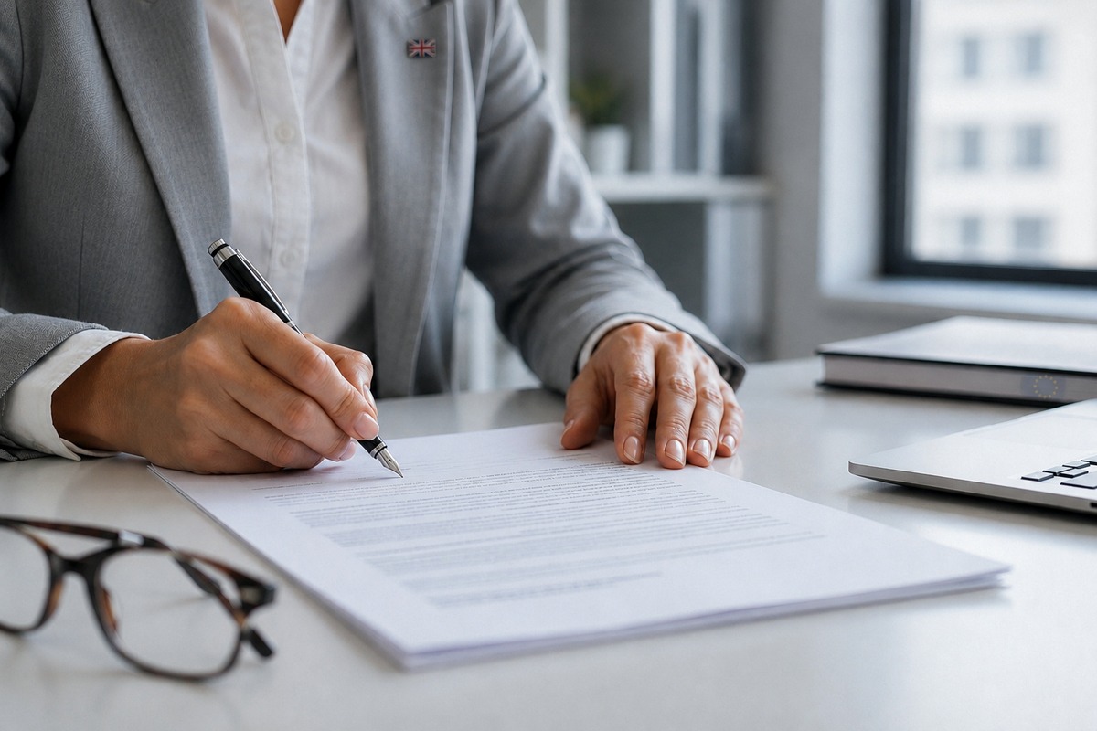 Business professional signing a cosmetic safety document representing the EU CPSR sign-off process
